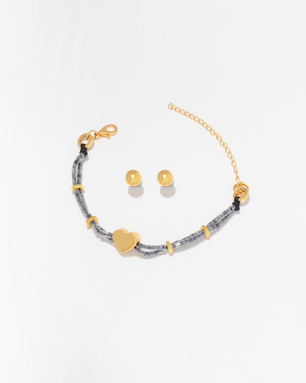 Pulsera Black Corazón Liso + Aretes