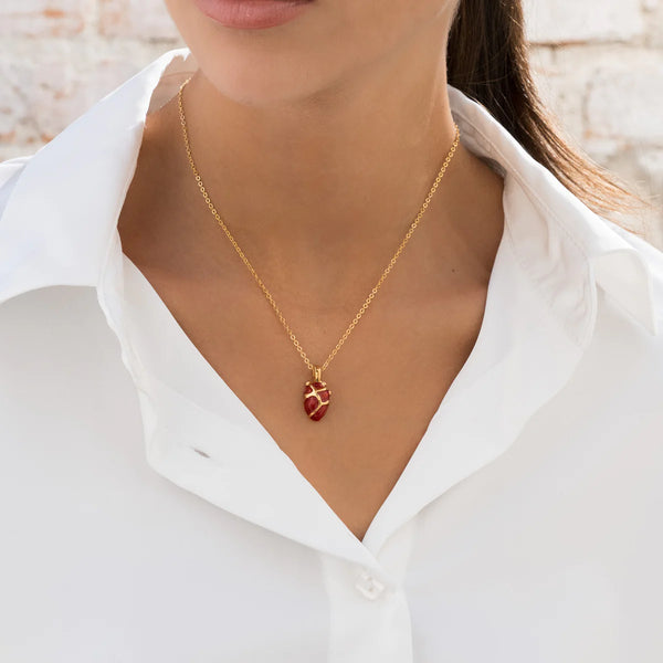 Cadena Corazón Anatómico Rojo + Aretes