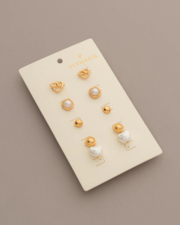 Set x4 Aretes Corazón Perla