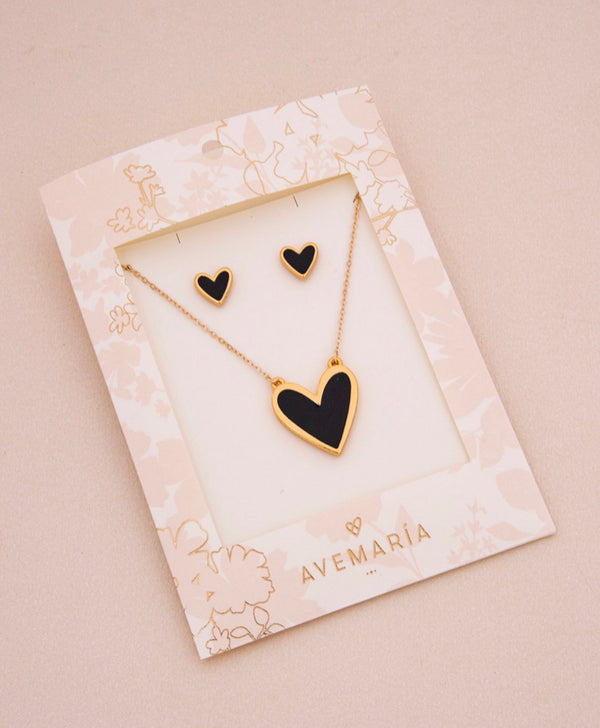 Set Cadena + Aretes Corazón Negro